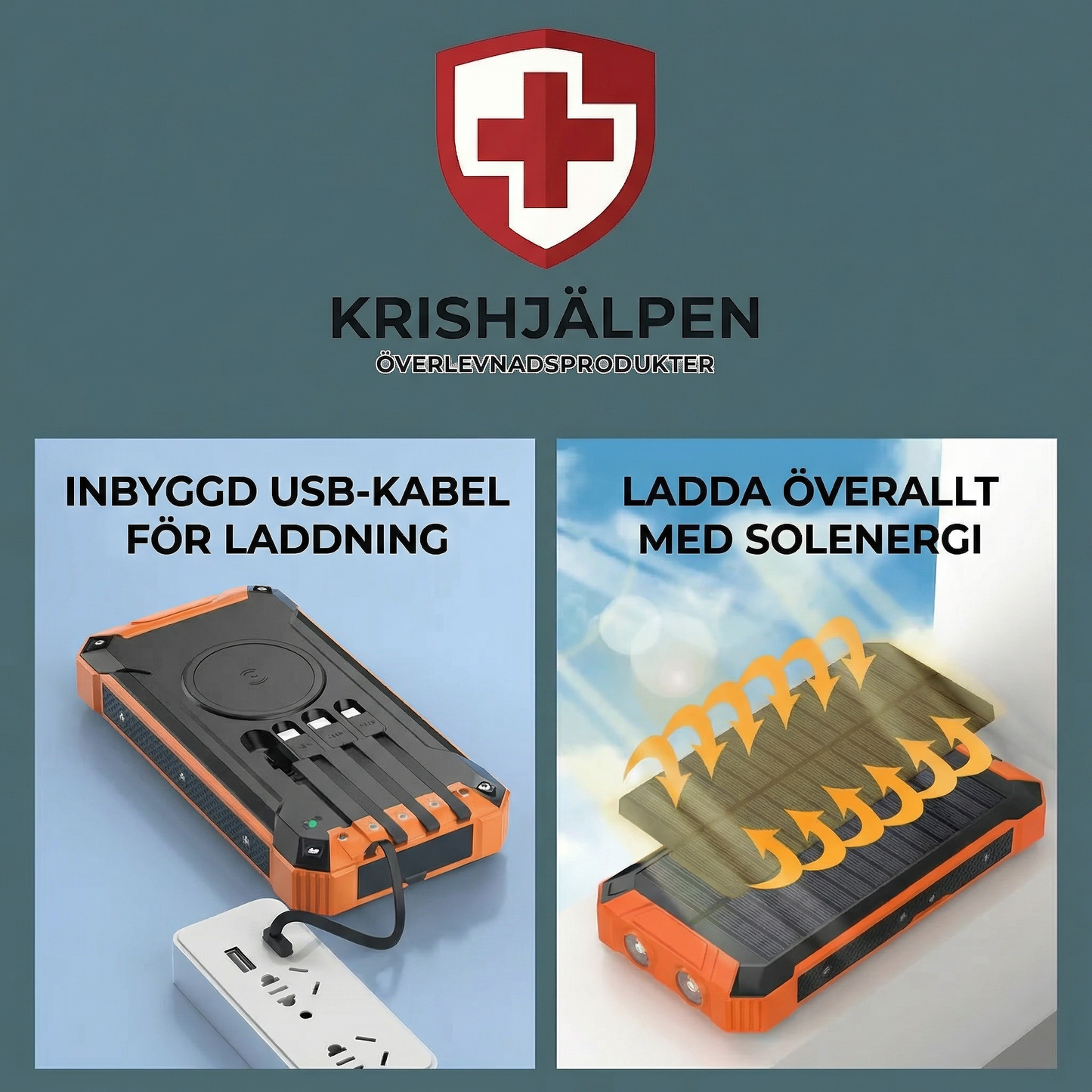 Krishjälpen – Trådlös powerbank med inbyggd solpanel