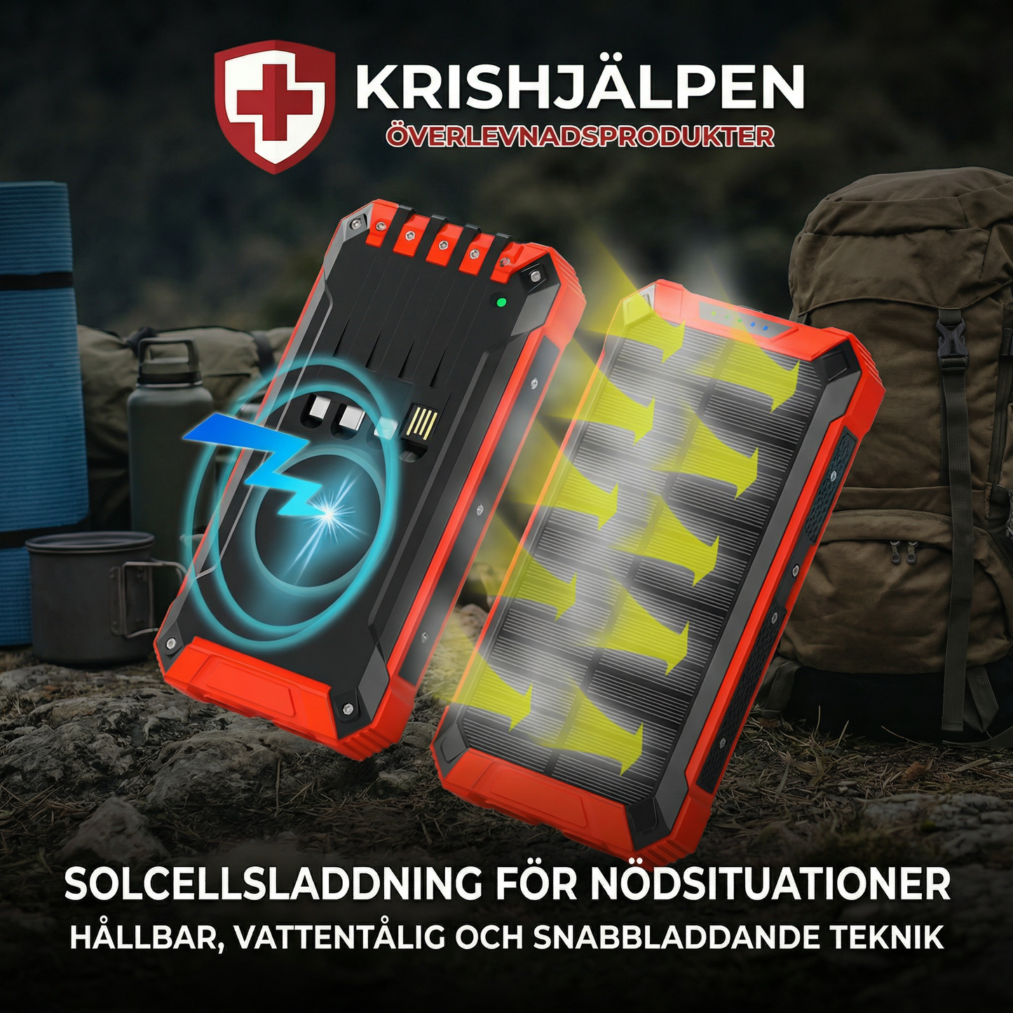 Krishjälpen – Trådlös powerbank med inbyggd solpanel