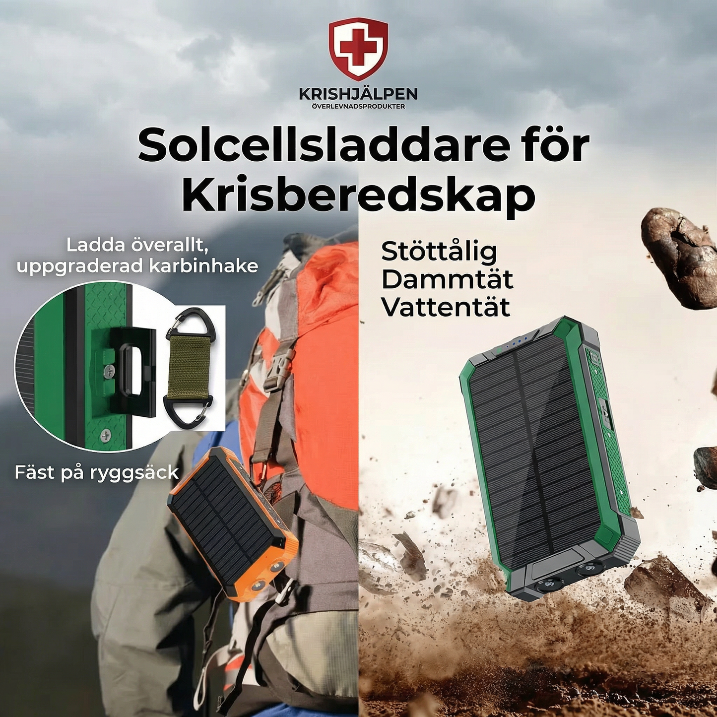 Krishjälpen – Trådlös powerbank med inbyggd solpanel